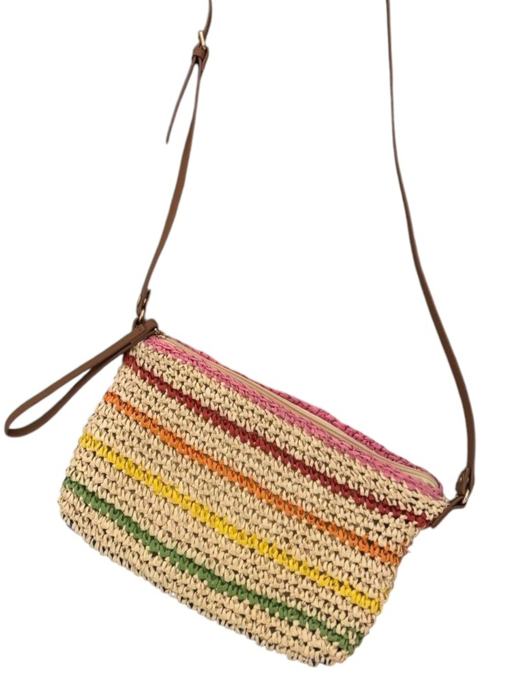 🌸NWOT INC Colorful Striped Crochet Straw Boho Festival Shoulder Bag